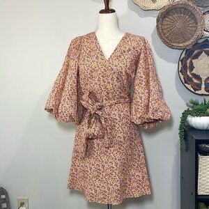 Minkpink Morwell Wrap Mini Dress Small Flower Design Orange Pink Yellow Large